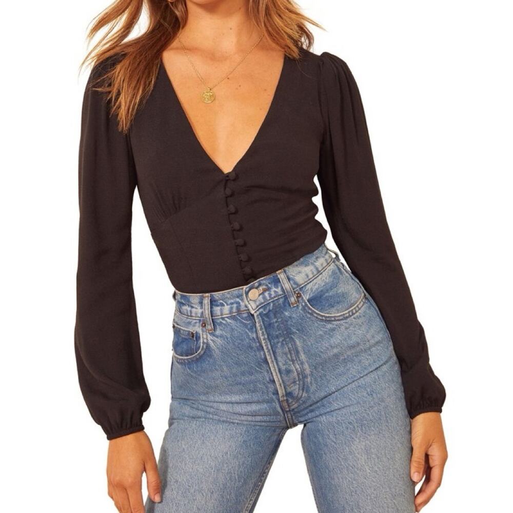 Reformation Nell Top Black Puff Sleeve Button Front Blouse V-Neck SZ S